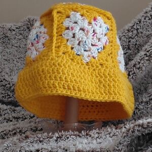 Yellow Crochet Bucket Hat with Heart Patterns